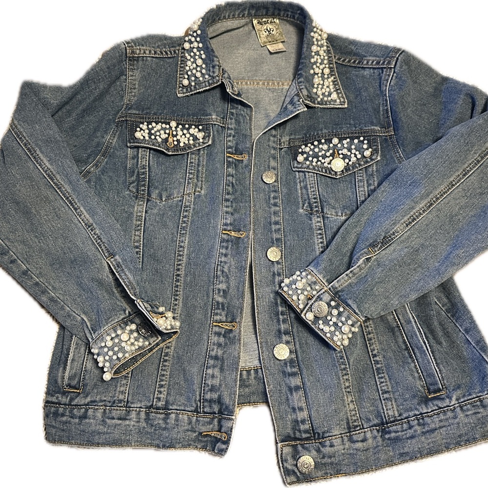 Jean jacket with pearl embellishments